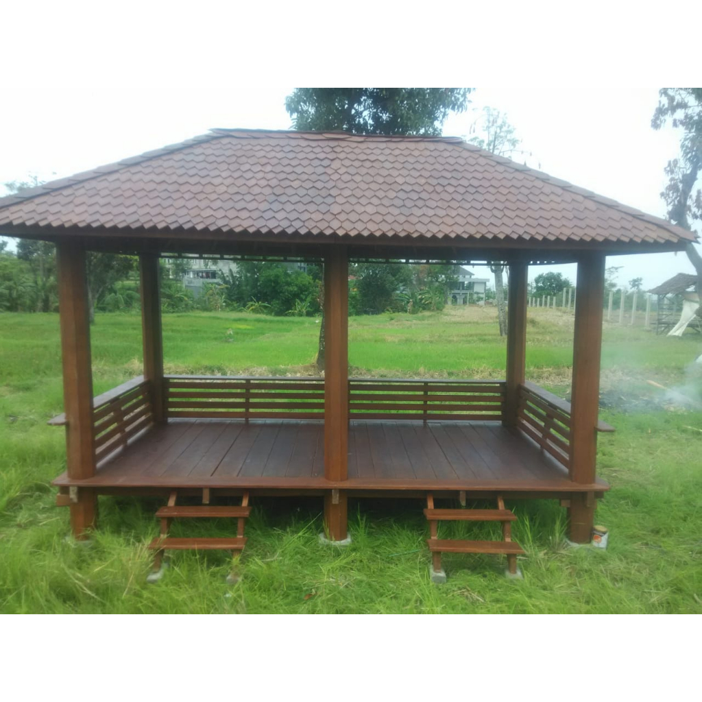 Gazebo 4x2 Meter Kayu Kelapa Desain 6 Tiang Atap Sirap Kayu Ulin, Saung Taman Kayu Glugu