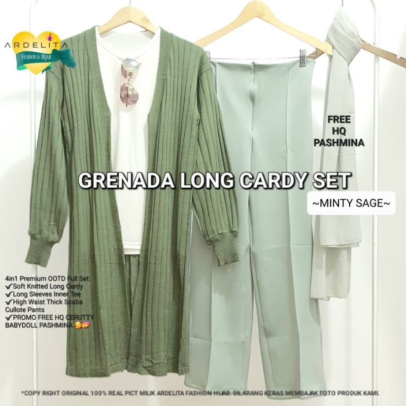 GRENADA 4IN1 FULL SET &lt;GRATIS PASHMINA HQ&gt; PAKET BAJU SETELAN WANITA PREMIUM HEMAT LENGKAP KEKINIAN ONE SET WANITA HIJAB LONG CARDIGAN KOMBINASI CELANA KULOT SUDAH TERMASUK MANSET DAN JILBAB BAJU WANITA DEWASA MODEL TERBARU ORIGINAL BY ARDELITA FASHION