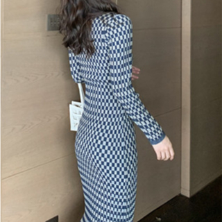 【Elegant】V-Neck Long Sleeve Geometric Patterns Knee-Length Elegant Knitted Dress 2148