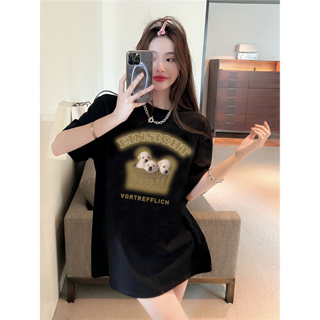 EUNII T-shirt Lengan Pendek Cartoon Basket Dog Printing Korean Style/Kaos Atasan Wanita/Baju Kaus Oversize Wanita/Kaos Wanita