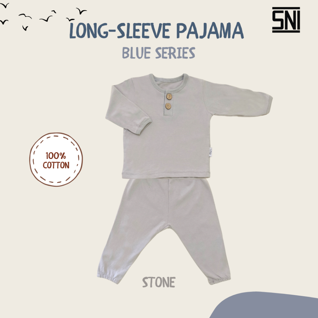 Hellomigu Long Sleeve Pajama Set/ Piyama Baju Tidur Setelan Bayi Perempuan Laki laki Anak Cewe Cowo Bayi Polos 0-6 6-12 Bulan Blue Series