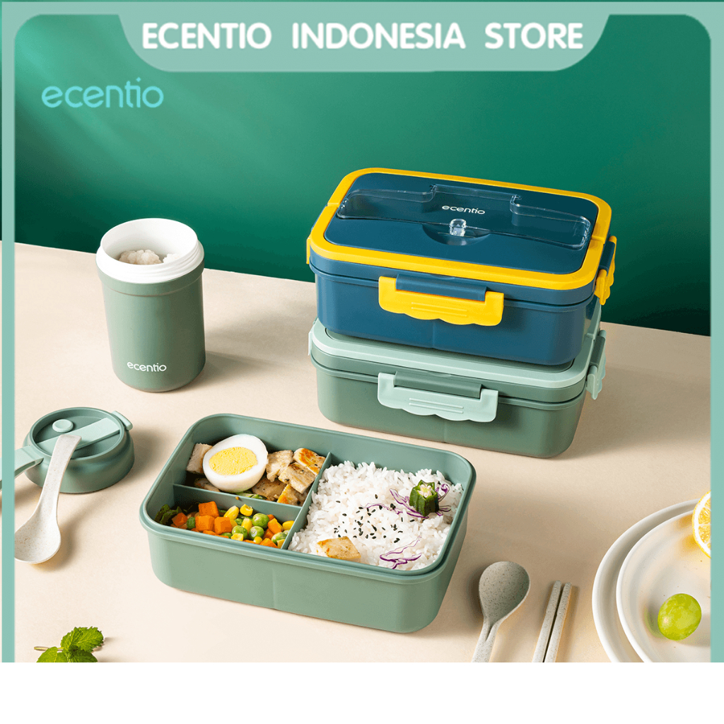 ecentio 2 Grid kotak bekal makan set 1000ml lunch box dengan 330ml cangkir sup free sendok set anti tumpah portable tempat makan bekal set