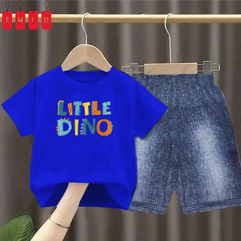 Setelan Kaos Anak Little Dino Celana Semi Jeans Pendek/oneset SPJ