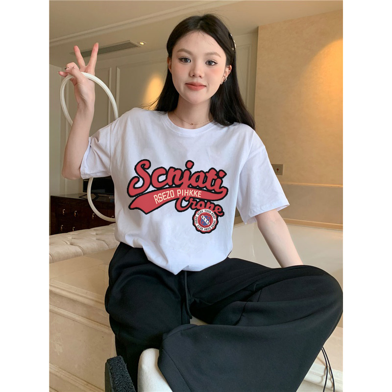 XiaoZhaiNv Kaos Atasan Oversize Wanita Red Letters Pattern Lengan Pendek A0286