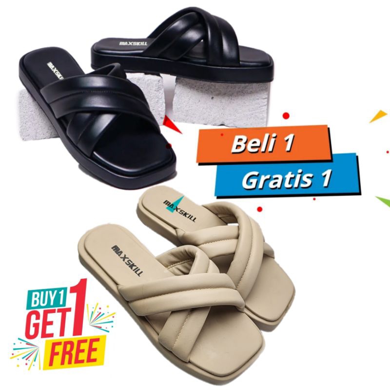 buy 1 get free 1 ( beli 1 gratis 1 ) sandal wanita slop silang maxskill desain simpel style Korea