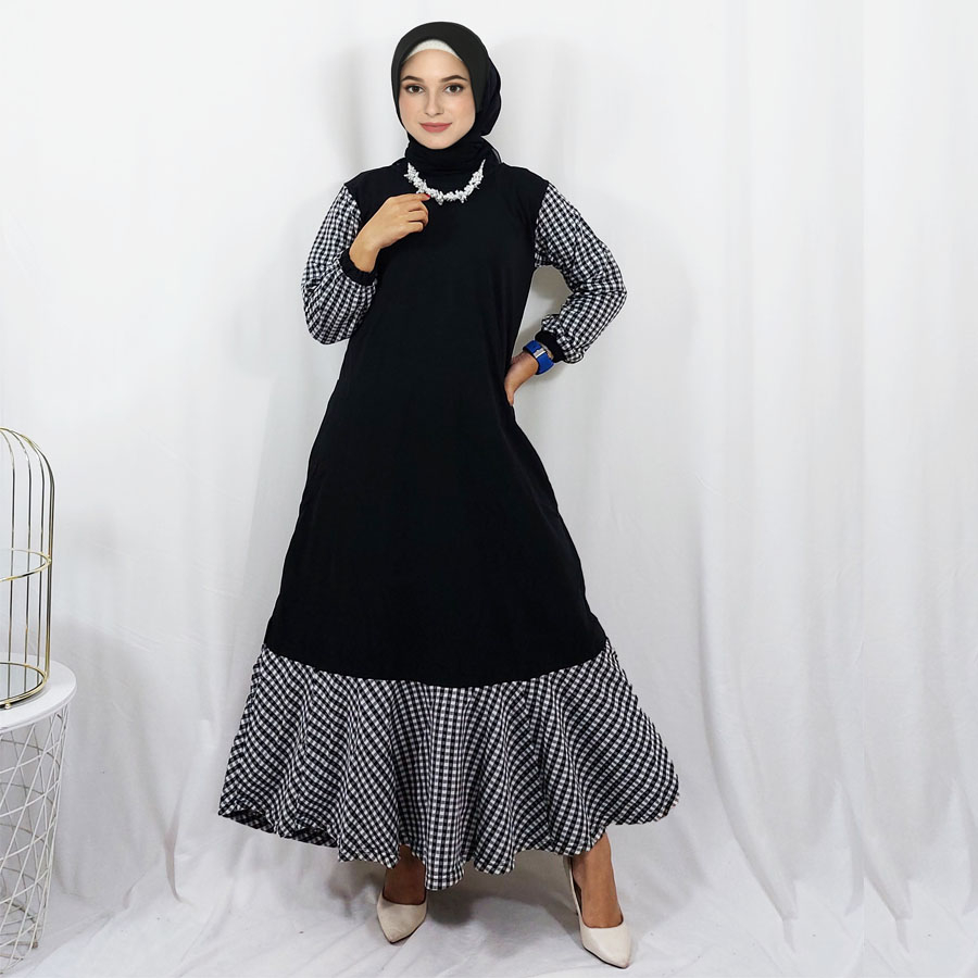 GAMIS SYARI HITAM MIX KOTAK WANITA CANTIK GL FASHION