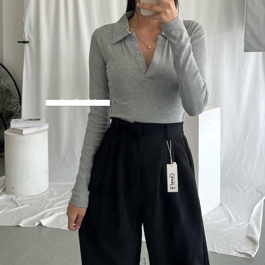 TRIVELA Calliope Top 2148 - Kaos Polo Knit - Kaos Lengan Panjang - Tara 039 NKD - Kaos Wanita Long Sleeves