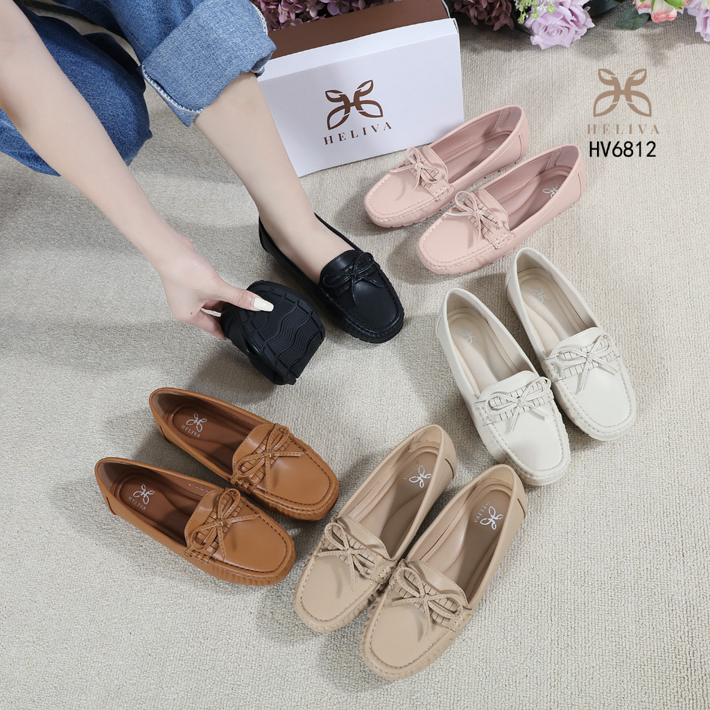 VYRA HELIVA Sepatu Flat Loafer Pita Bow Bahan Kulit Motif Polos Ujung Bulat HV6812 Original Brand