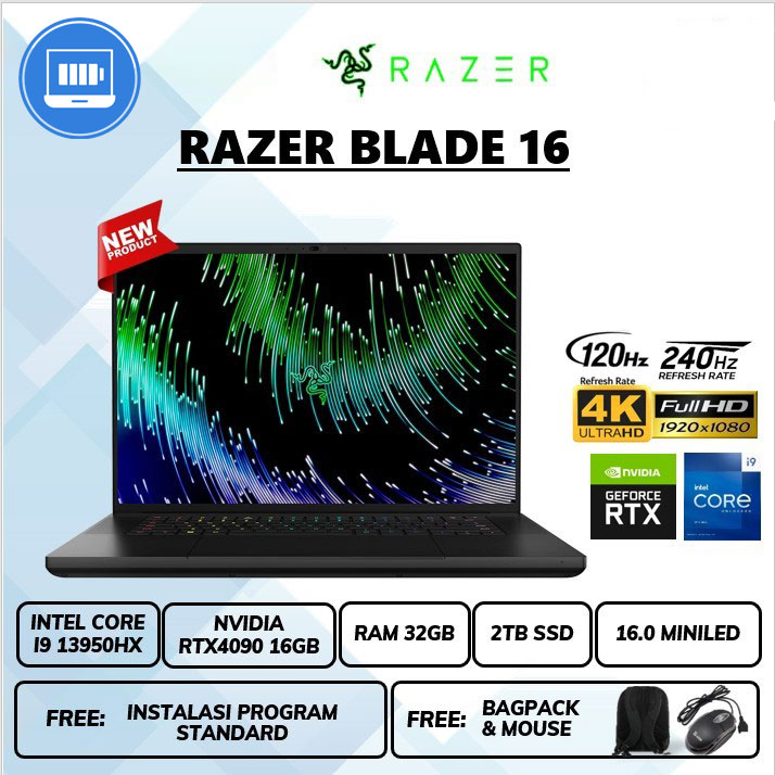 Laptop razer blade 16 Miniled dualmode rtx4090 16gb i9 13950hx ram 32gb ssd 2tb