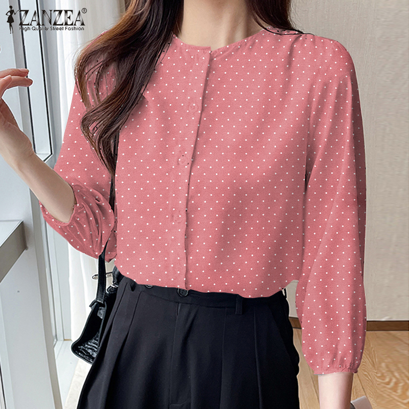 ZANZEA Women Korean Daily O-Neck Wavelet Dot 3/4 Sleeve Cuff Blouse