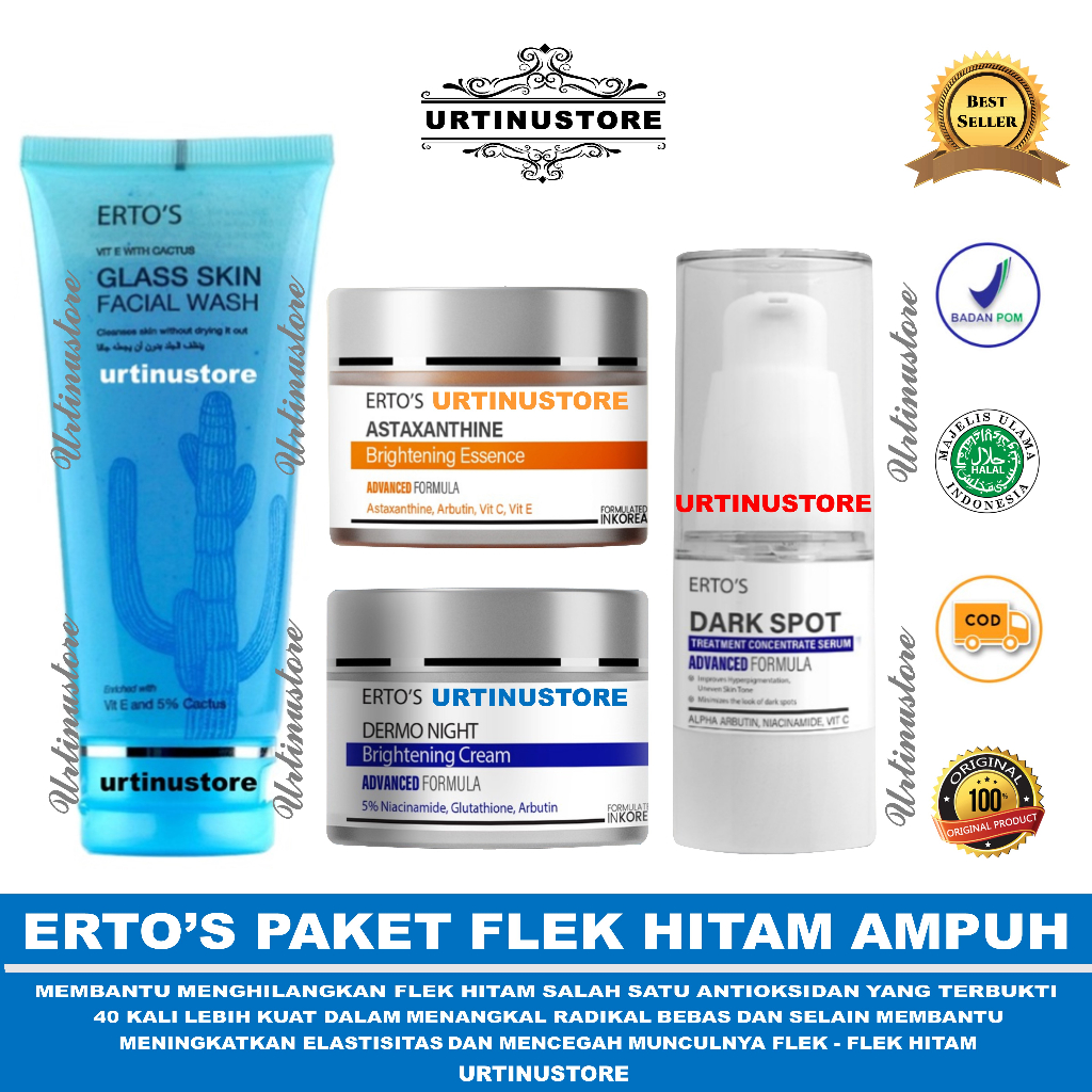Paket Ertos Flek Bintik Hitam Sangat Ampuh 4 IN 1 (Facial Glass Skin, Asta Cream, Dermo Night Cream,