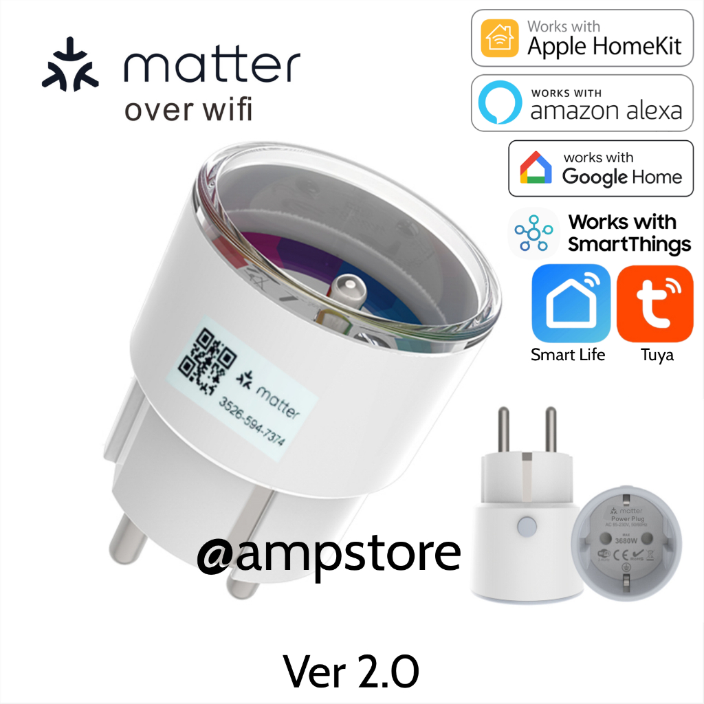 AMC Matter EU Smart Plug Apple HomeKit Colokan Stop Kontak Wireless Apple Home / Google Home / Amazon Alexa / Samsung SmartThings / Tuya / Smart Life