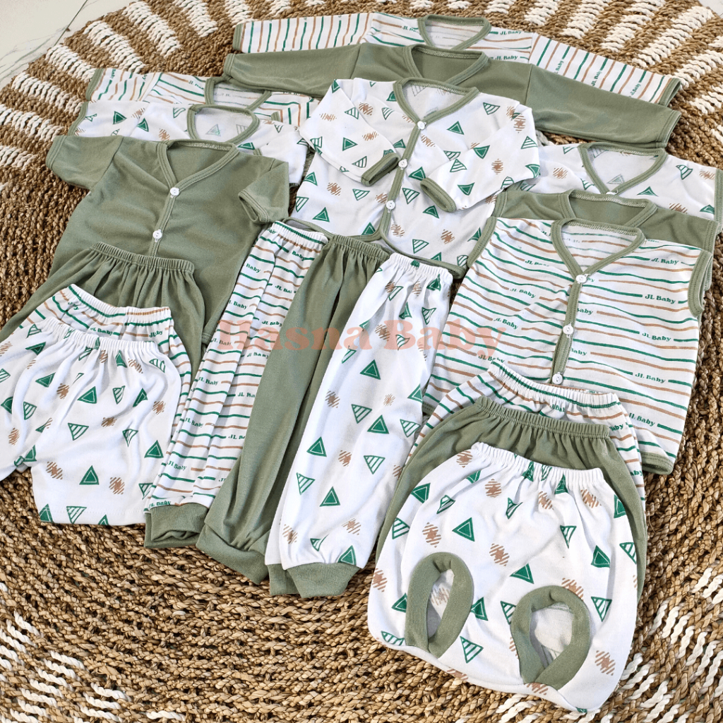 Paket Lahiran 18 Pcs, Setelan Lengkap Baju bayi baru lahir seri Hijau Sage  (9 Setel) Baby Newborn Giftset - Juragan Lebak