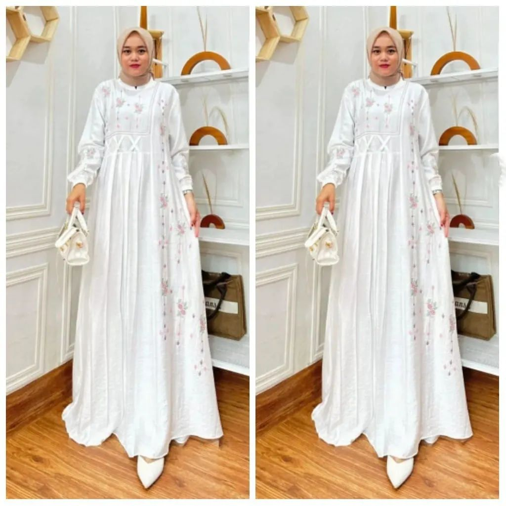 Gamis Dress Wanita Muslimah Karina Maxy 4 Warna Matt Pollo Linen Aplikasi Bordir Zipper Belakang Gamis Maryam Bordir