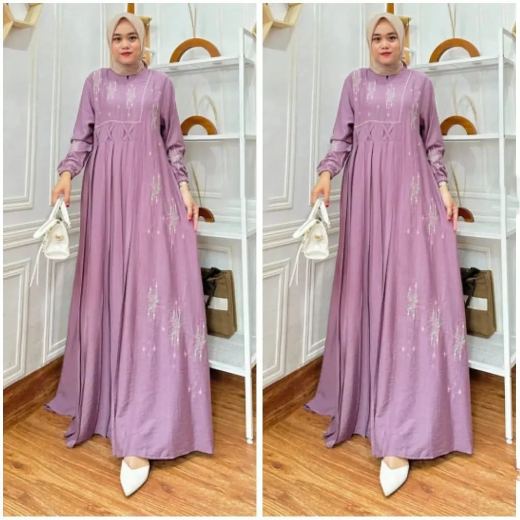 Gamis Dress Wanita Muslimah Karina Maxy 4 Warna Matt Pollo Linen Aplikasi Bordir Zipper Belakang Gamis Maryam Bordir