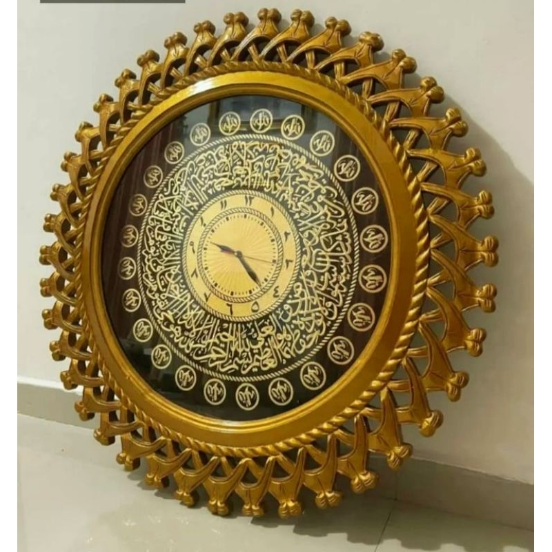 jam dinding kaligrafi diameter 90cm super jumbo(besar) terbuat dari kayu jati asli jepara