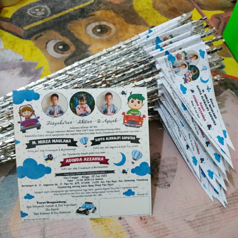 16x16 cm undangan dan bendera aqiqah khitan 3 anak tema cowok cewek