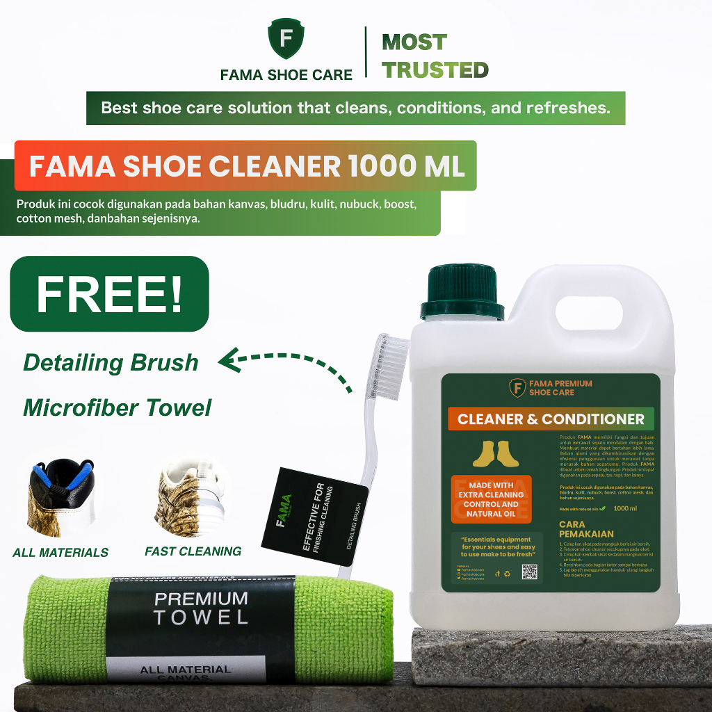 Shoe Cleaner 1Liter|Bonus Lap+Sikat Detailing | Sabun Sepatu kualitas Premium | Fama Shoes Cleaner