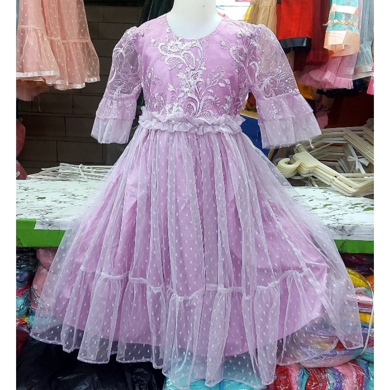 Gaun anak mutiara tile dot pinggang kerut