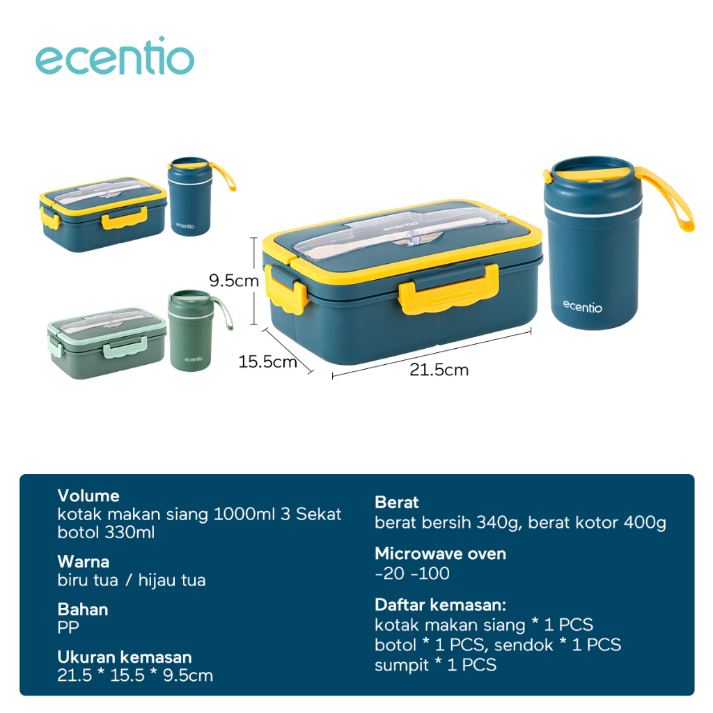 ecentio 1000ml lunch box set Jerami Gandum kotak makan/free Sendok&amp;Sumpit/300ml tempat Sup/Bekal Makanan