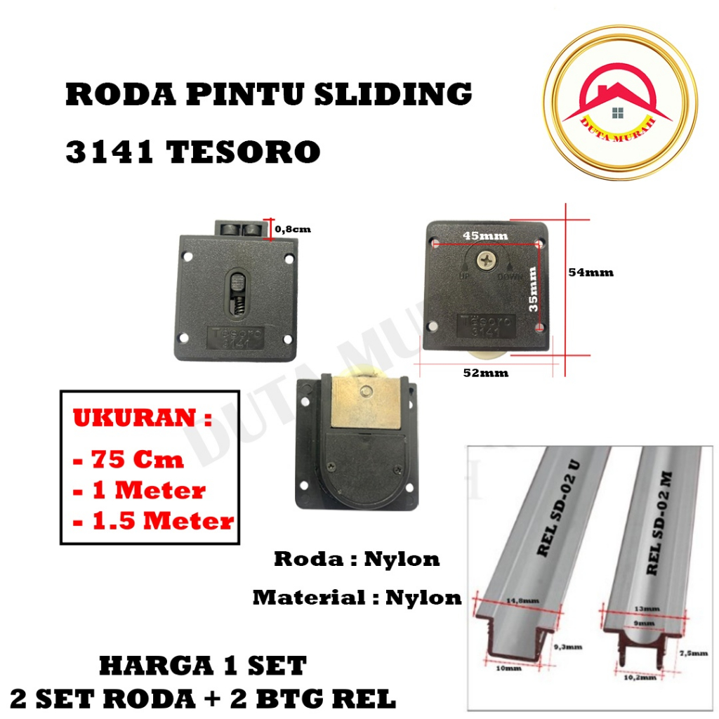 Roda Pintu Lemari Geser SD 3141 + Rel SD 02 U &amp; M Pintu Lemari Geser Sliding