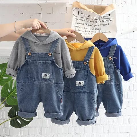 One set premium anak lakilaki lucu usia 6 bulan - 5 tahun baju kodok kembar MUSTARD GREY &amp; DENIM