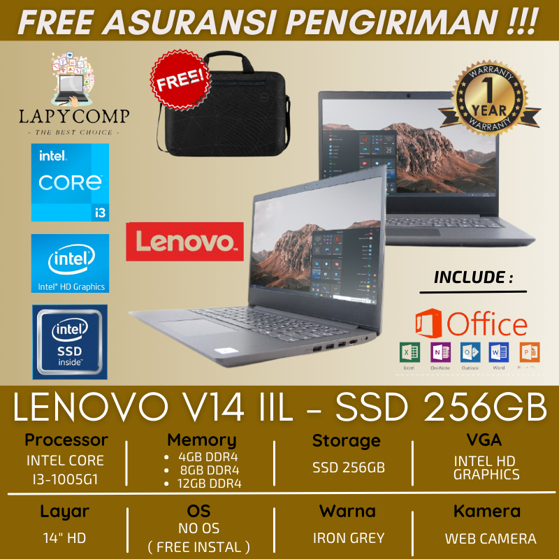 LAPTOP KEKINIAN MURAH LENOVO V14-IIL - 4GB RAM - INTEL CORE i3-1005G1 - SSD 256GB - LAYAR 14&quot;