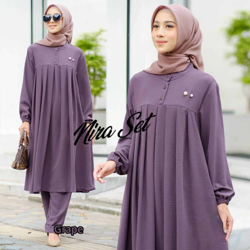 Bisa COD Baju Setelan Tunik Nira Set Bahan Crinkle Air Flow Size Jumbo / Pakain Muslim Wanita Terlaris