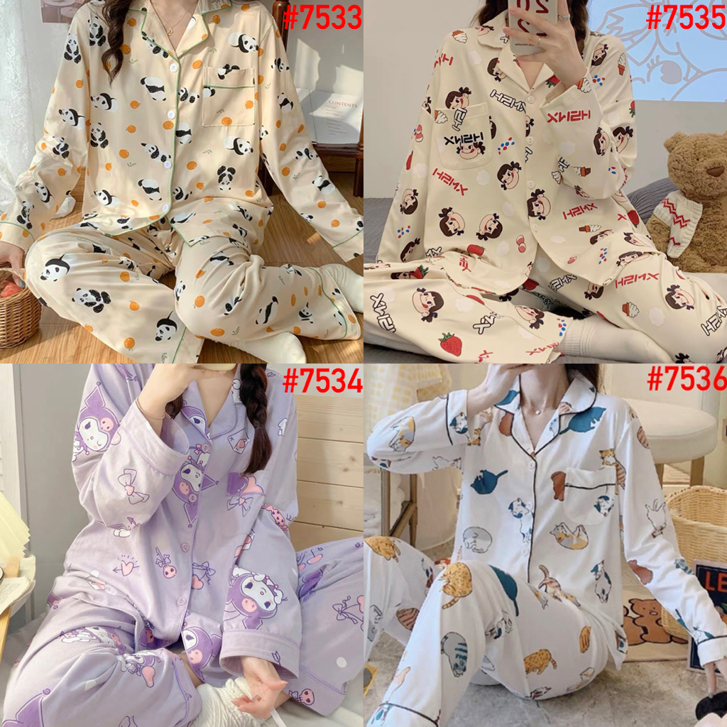 Piyama Lotso Baju Tidur Wanita UMISUKA PP Import Model Korea Fashion Kerah Kancing Lengan Panjang Celana Panjang KKUM JALJA