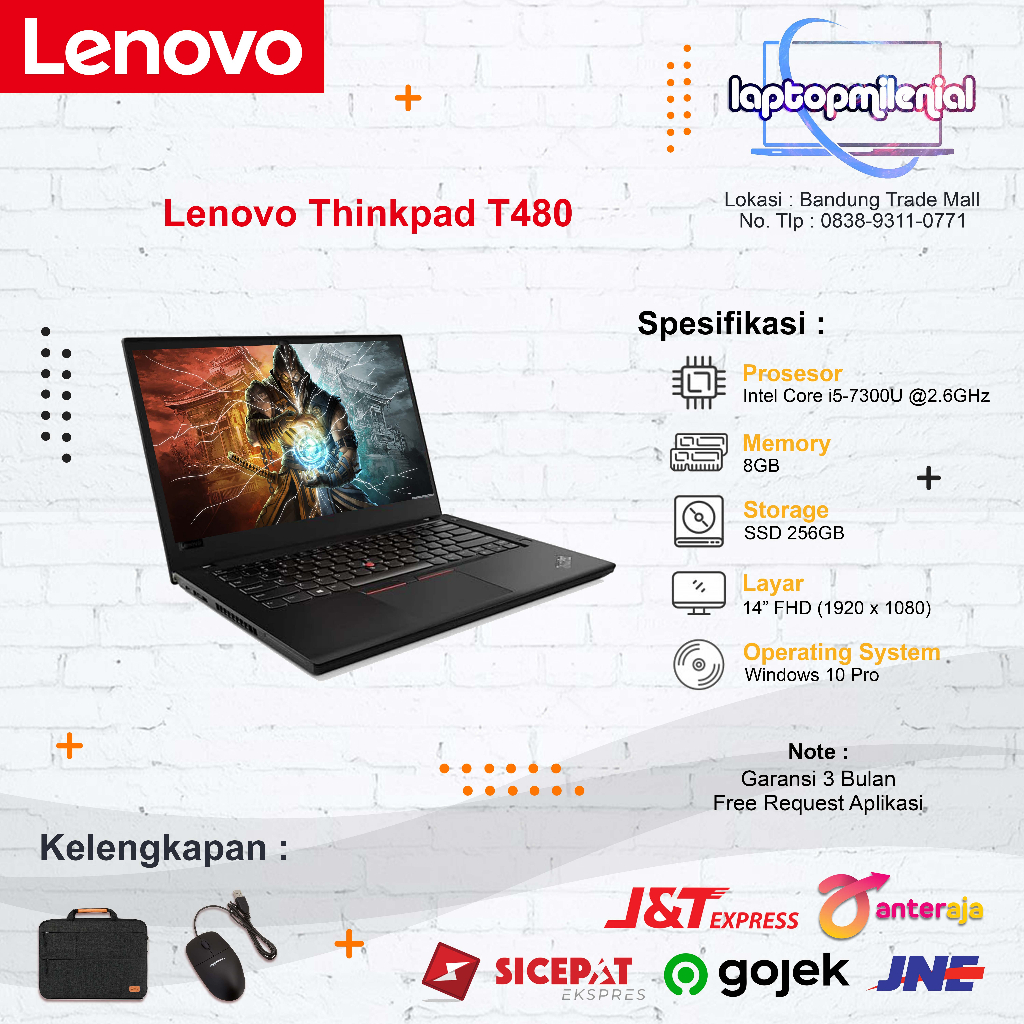 Laptop Lenovo T480 Intel Core i5 7th 16GB SSD 512GB 14&quot; FHD Mulus Siap Pakai