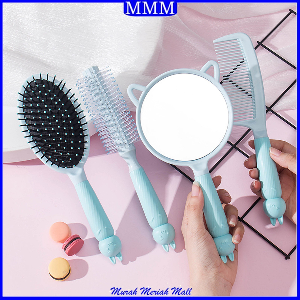 MMM Sisir Roll Rambut Karakter Lucu Cermin Rias Karakter Makeup Portable Sisir Sasak Styling Rambut Kaca Gagang Bulat