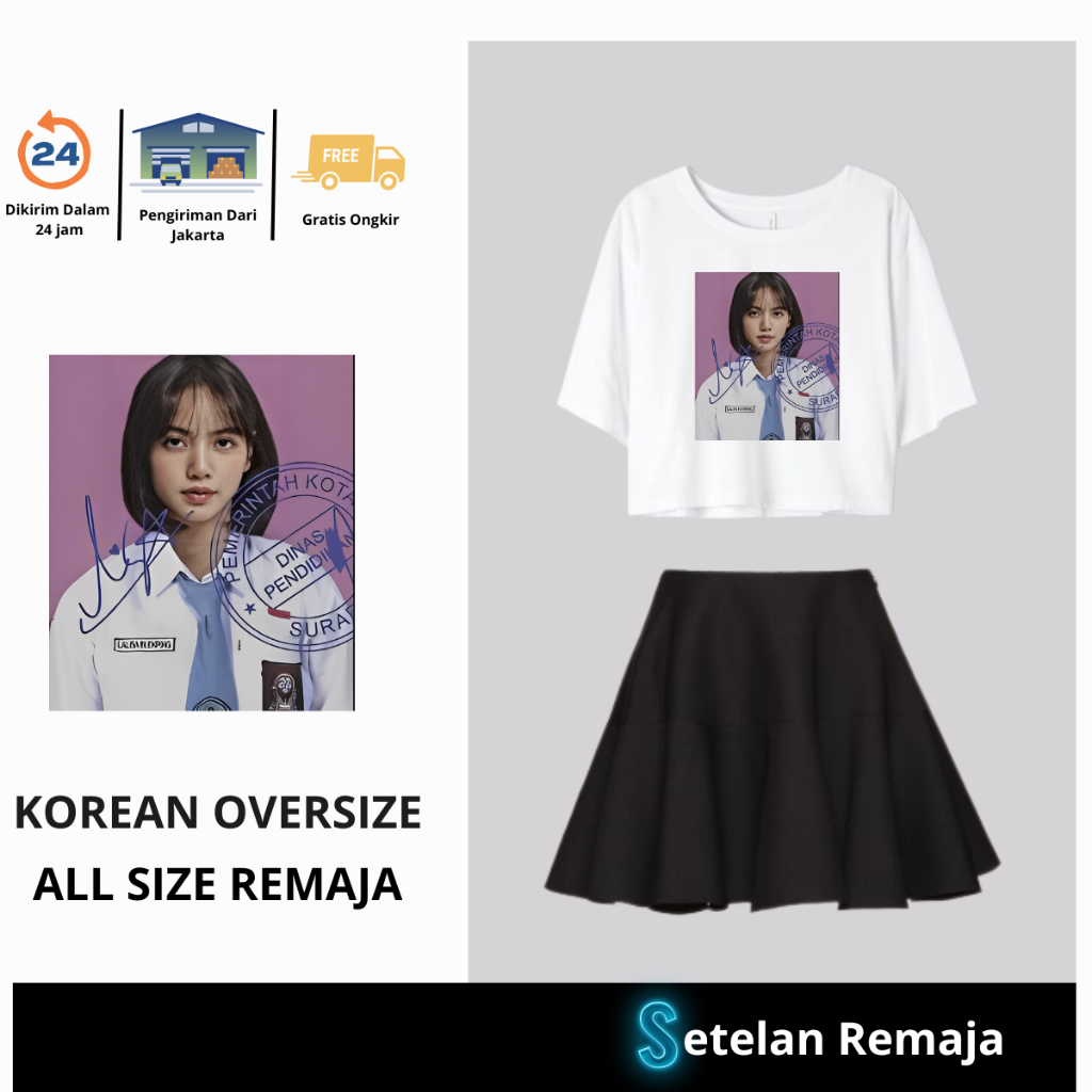 JBF Baju Setelan Untuk Remaja Atasan Crop Gambar Lisa Seragam SMA Dan Rok