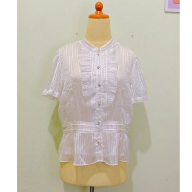Atasan blouse siffon untuk kerja kantor model vintage brukat brokat renda warna putih bersih - White