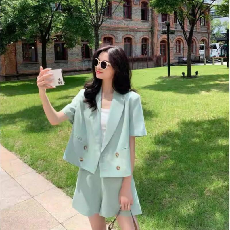 5815  Pakaian setelan stelan oneset wanset baju blejer blazer blezer lengan pendek tangan polos gaya