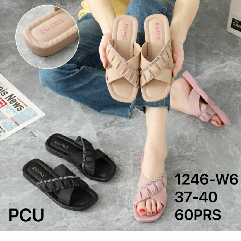 1246-W6 Original Sandal Balance Karet Motif Silang Renda Manik Selop Wanita Elastis Lentur Sendal Slop Gliter Glitter Blink Jelly Flat Teplek Cewek Kokop Perempuan Import Cantik Mewah Murah Kekinian Korean Impor BLC 1246-12 1246 Empuk Sol Anti Slip Air