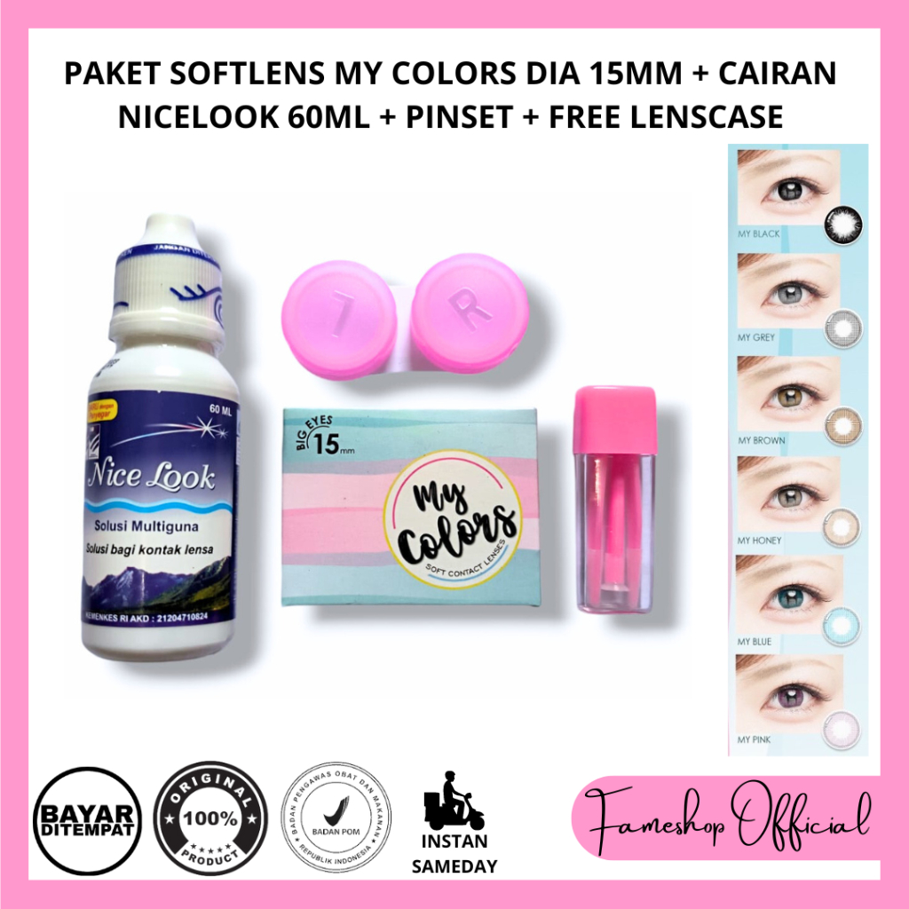 PAKET SOFTLENS MY COLORS BY OMEGA 15MM + CAIRAN NICELOOK 60ML + PINSET + FREE LENCASE