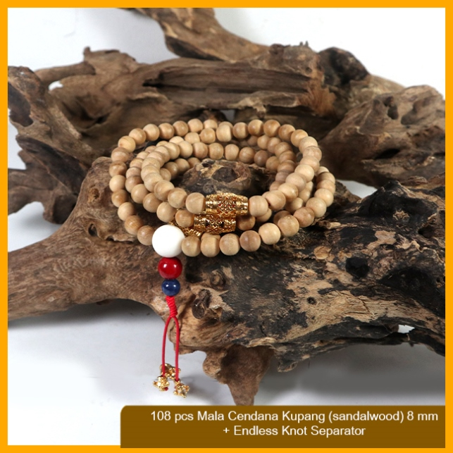 Tasbih Mala Buddha 108 Kayu Cendana Kupang (Sandalwood) + Endless Knot Separator