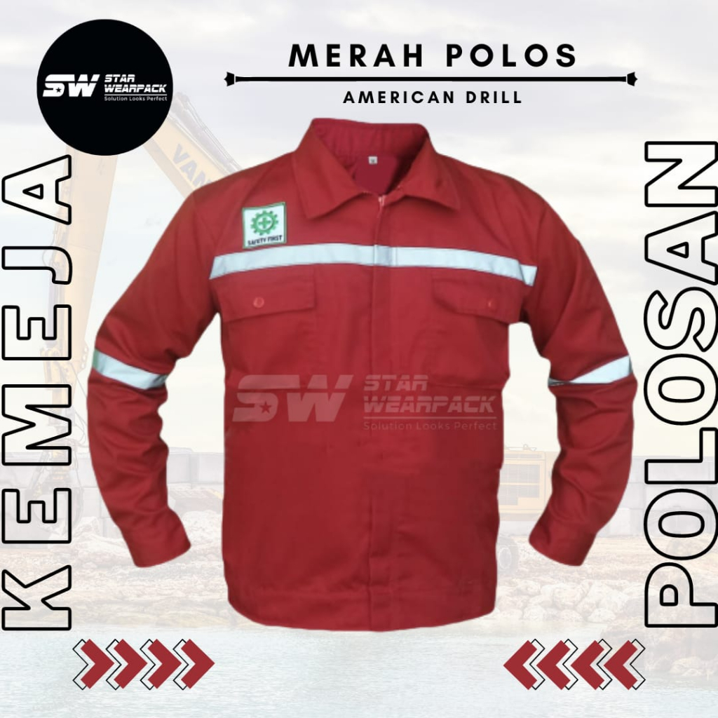 Star Wearpack - Baju Proyek Seragam Kerja Lapang Warna Merah Polos Lengan Panjang