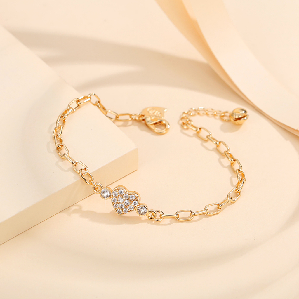 Y101 [COD✔] Wanita Korea Gelang Mewah Zirkon Hati Berlian Imitasi Gelang Emas Disesuaikan Fashion