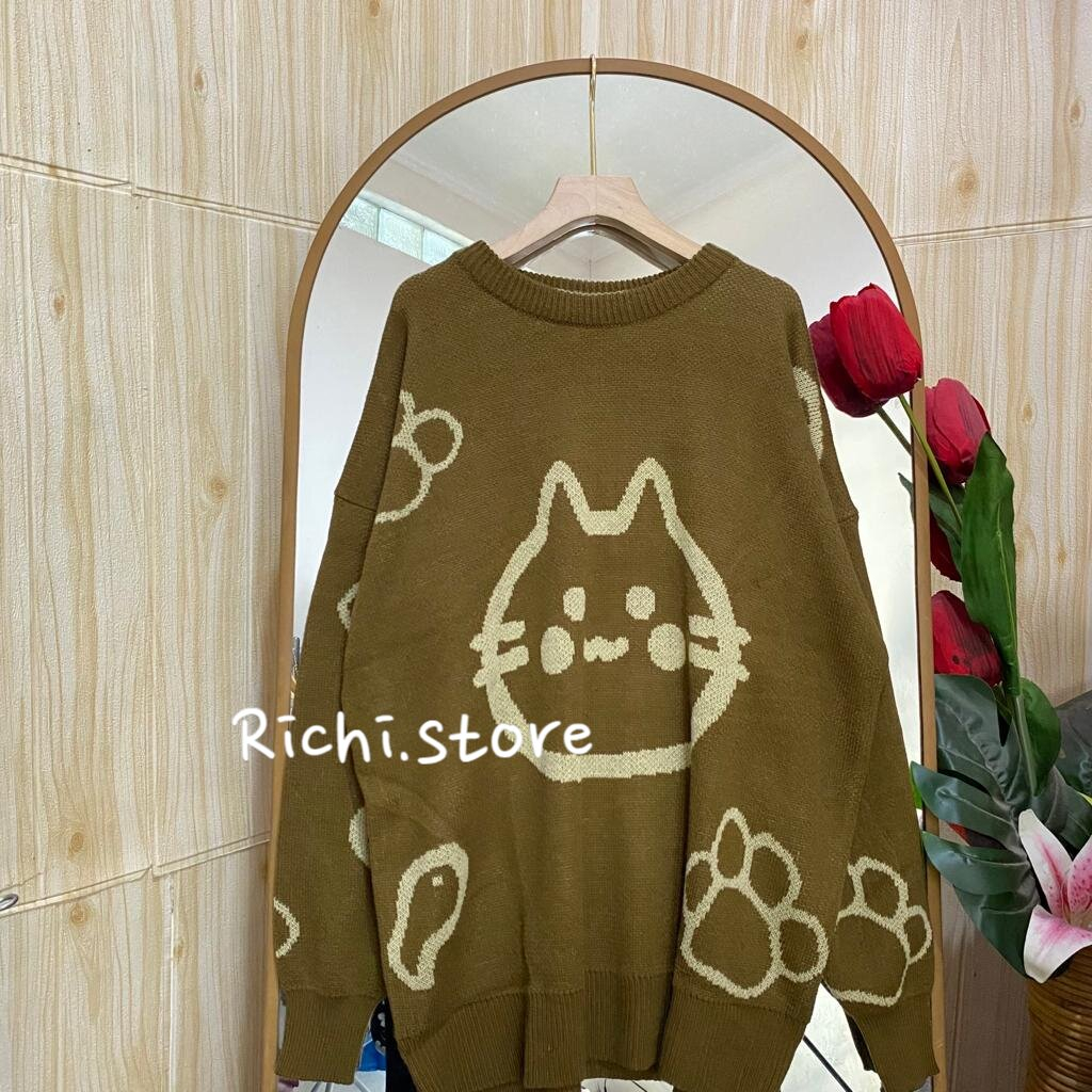 Caitlin oversize sweater rajut korean style motif kucing