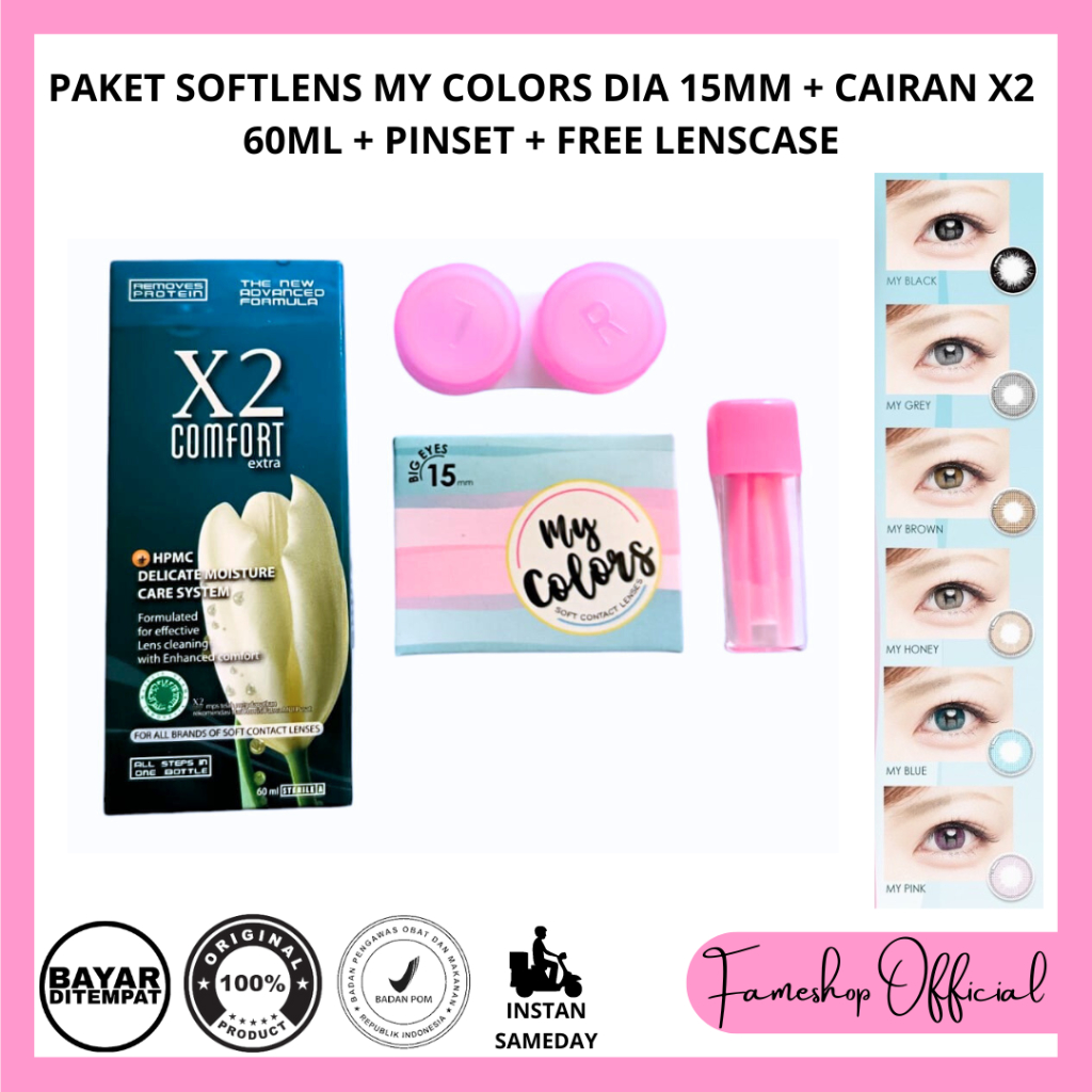 PAKET SOFTLENS MY COLORS BY OMEGA 15MM + CAIRAN X2 60ML + PINSET + FREE LENCASE