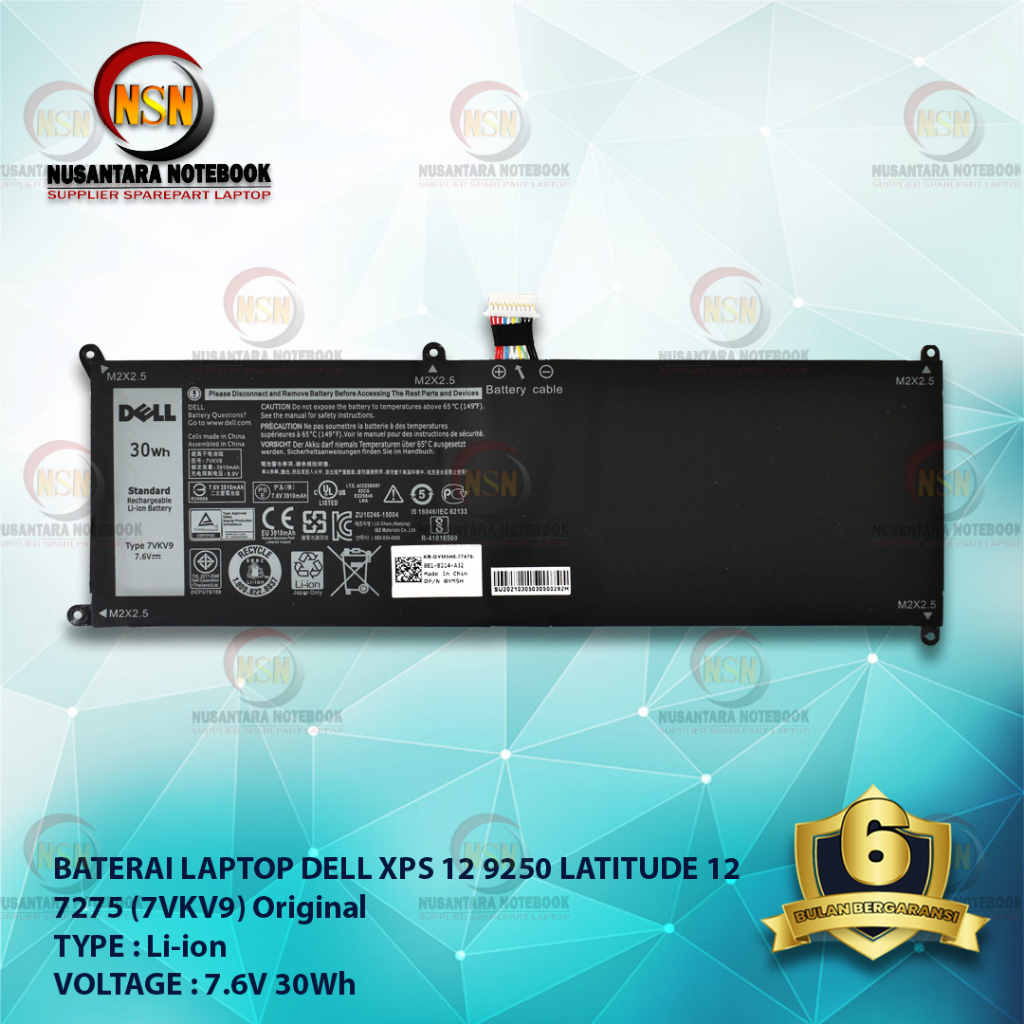 Baterai Dell ORI Latitude XPS 12 7275 9250 7VKV9 7.6V 30Wh