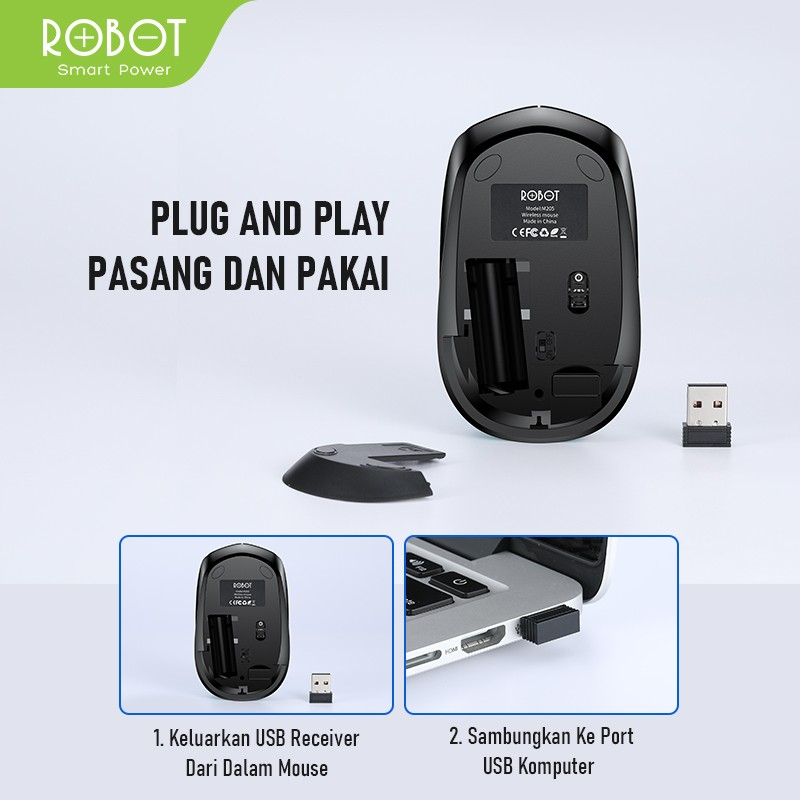 Mouse Wireless 2.4GHz Robot M205 Receiver USB Batre 1x AA Daya Tahan Baterai Hingga 12Bulan USB WIRELES