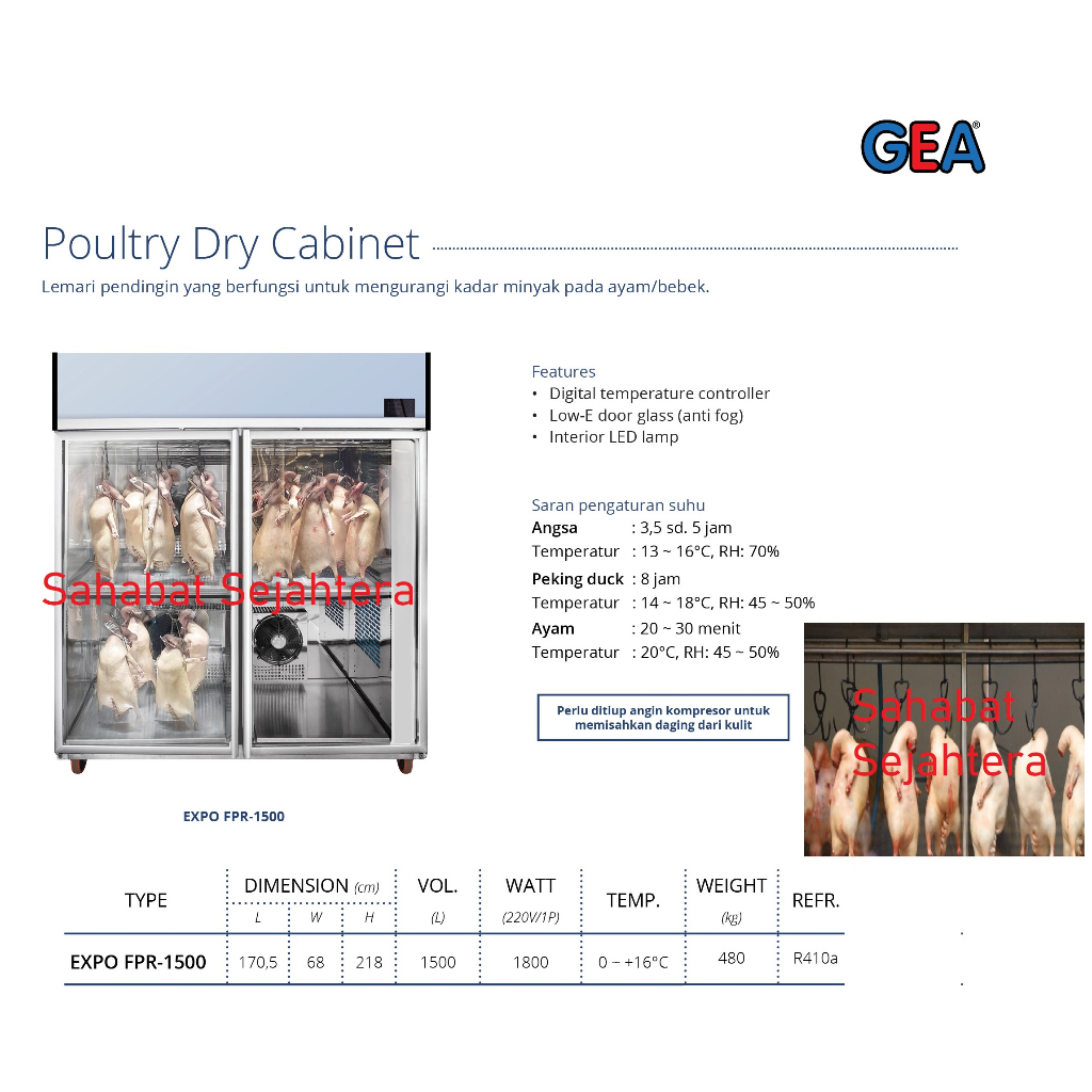 Pulotry Dry Cabinet / Lemari Pendingin  Pengurang kadar minyak pada ayam/bebek 1500Liter GEA EXPO-FPR-1500