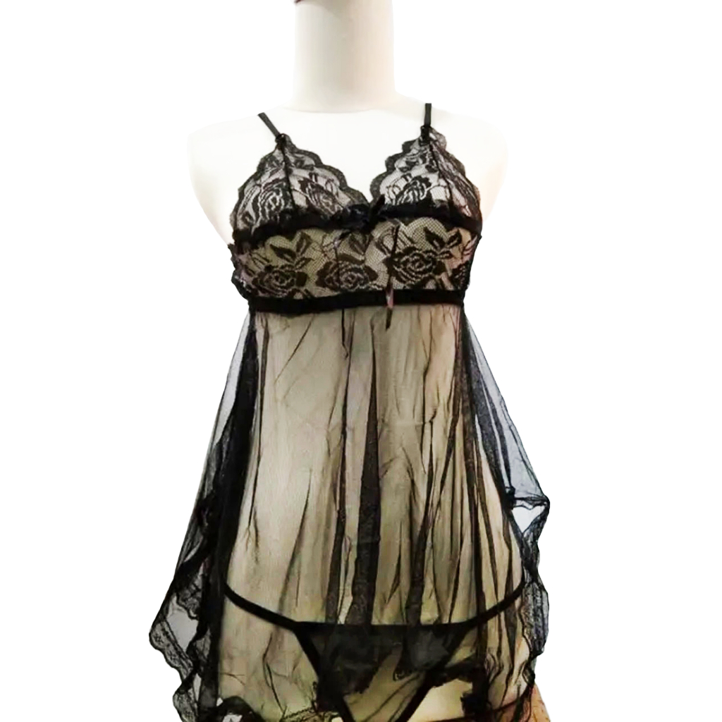 Lingerie Set Piyama Wanita Transparan V-Neck