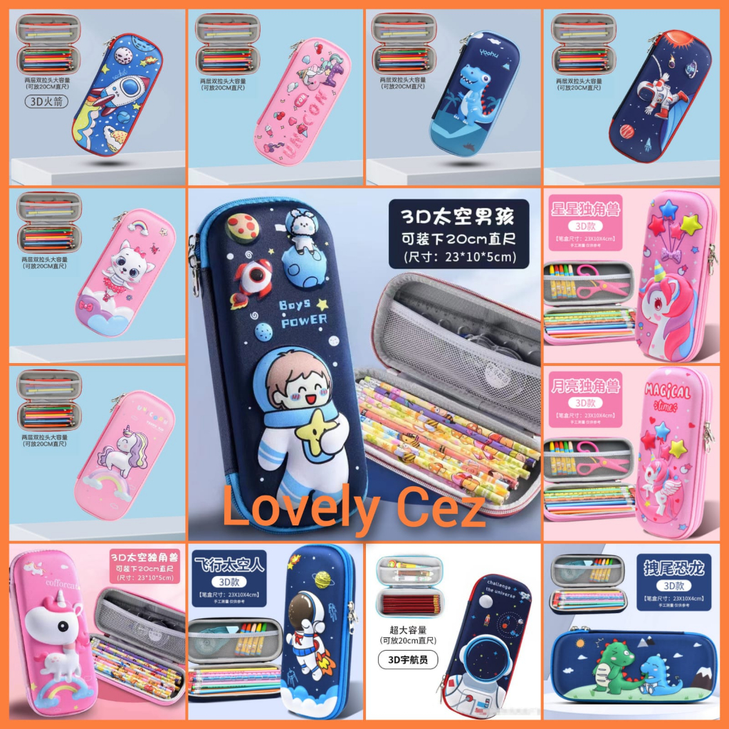 Pencil Case 3D Timbul Karakter kucing Lucu, Dino, Unicorn Kotak Pensil 3D Timbul