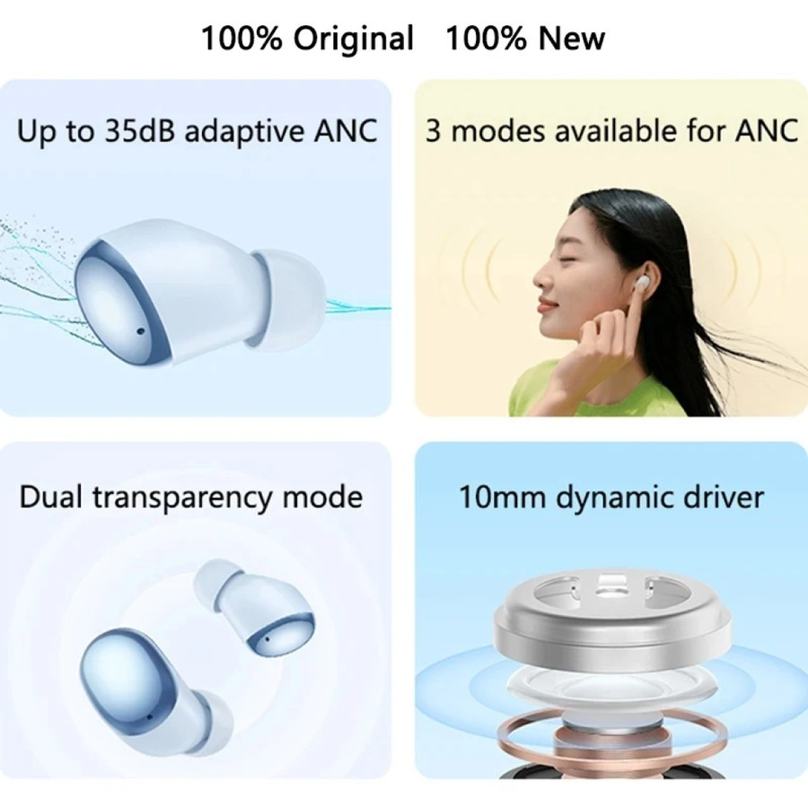 Headset Bluetooth Earphone Headset Pure Super Bass Xiaomi Redmi Buds 4 True Wireless 3 ANC Mode Bluetooth 5.2 TWS Ori Clone 1:1