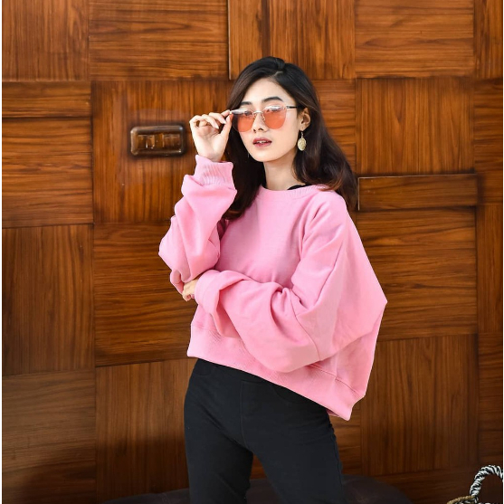 Sweater Oversize Crop Polos Baju Switshirt Pakaian Wanita Bahan Fleece Korean Style Terbaru