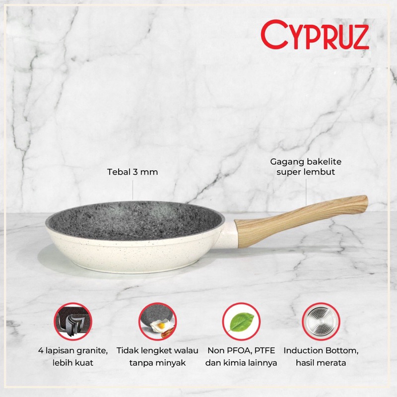 Cypruz White Granite Fry Pan / Wajan Tebal Anti Lengket Frypan white marble White Granite White ceramic keramik penggorrengan