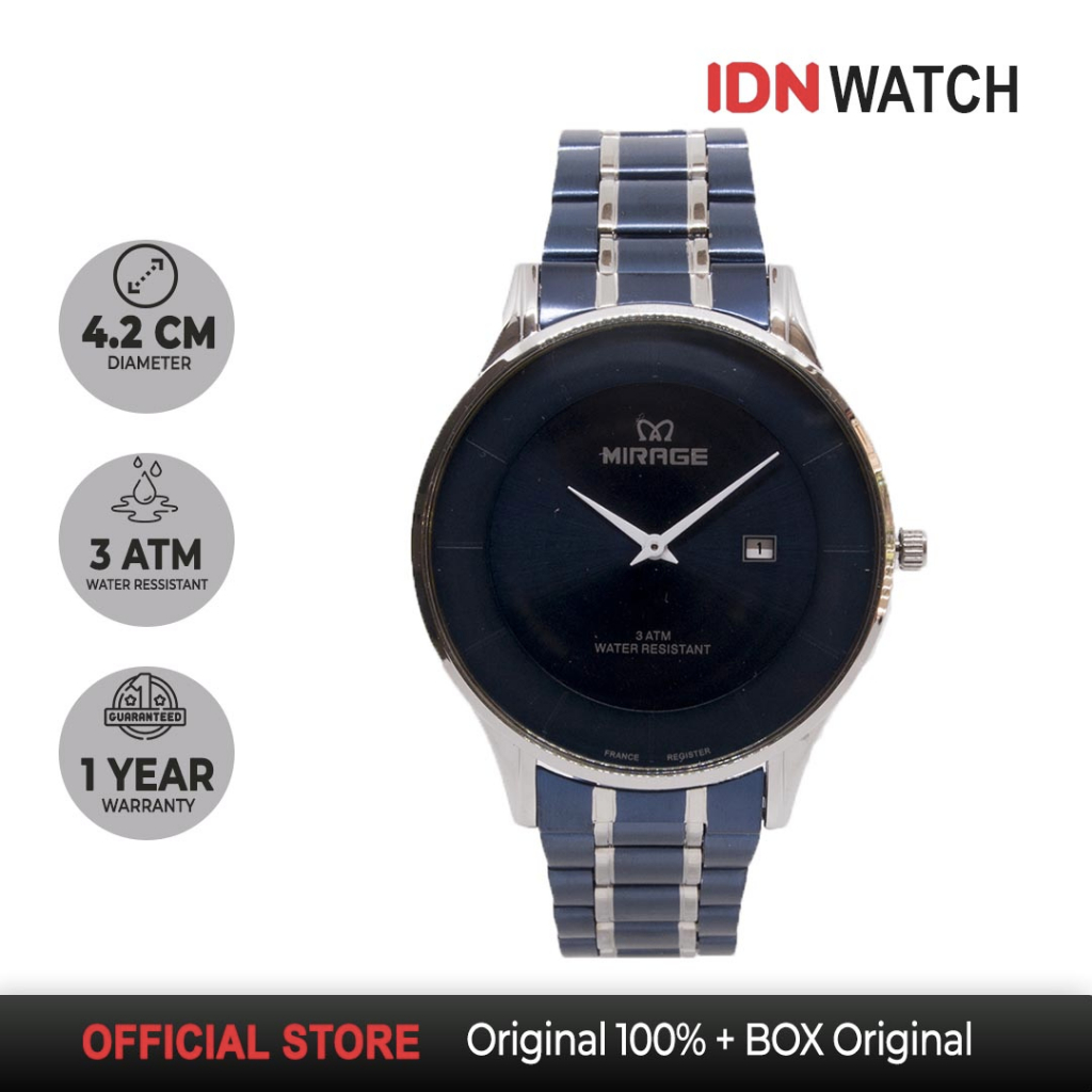 Jam Tangan Mirage Tipis Pria Original Garansi 1 tahun Stainless Steel 8670M Biru Blue Navy
